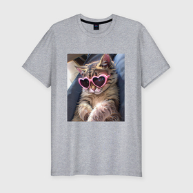 Мужская футболка хлопок Slim с принтом Милый мем кот в очках в стиле аниме в Тюмени, 92% хлопок, 8% лайкра | приталенный силуэт, круглый вырез ворота, длина до линии бедра, короткий рукав | 