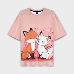 Мужская футболка oversize 3D с принтом Влюбленные милые лисички в Петрозаводске,  |  | Тематика изображения на принте: 