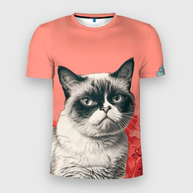 Мужская футболка 3D Slim с принтом Недовольный кот в день Святого Валентина в Новосибирске, 100% полиэстер с улучшенными характеристиками | приталенный силуэт, круглая горловина, широкие плечи, сужается к линии бедра | Тематика изображения на принте: 