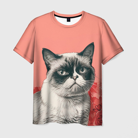 Мужская футболка 3D с принтом Недовольный кот в день Святого Валентина в Новосибирске, 100% полиэфир | прямой крой, круглый вырез горловины, длина до линии бедер | Тематика изображения на принте: 