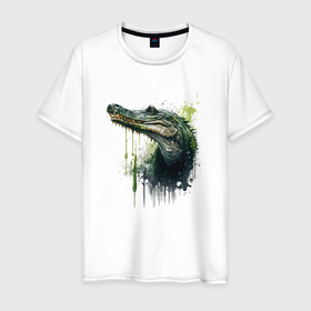 Мужская футболка хлопок с принтом Crocodile splash в Новосибирске, 100% хлопок | прямой крой, круглый вырез горловины, длина до линии бедер, слегка спущенное плечо. | 