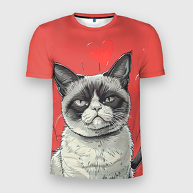 Мужская футболка 3D Slim с принтом Недовольный кот на день святого Валентина в Белгороде, 100% полиэстер с улучшенными характеристиками | приталенный силуэт, круглая горловина, широкие плечи, сужается к линии бедра | Тематика изображения на принте: 