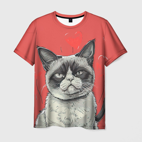 Мужская футболка 3D с принтом Недовольный кот на день святого Валентина в Петрозаводске, 100% полиэфир | прямой крой, круглый вырез горловины, длина до линии бедер | 