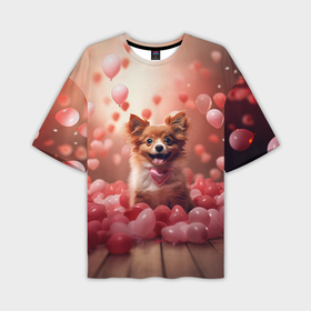 Мужская футболка oversize 3D с принтом Маленькая собачка в сердечках ,  |  | 