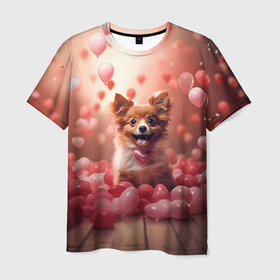 Мужская футболка 3D с принтом Маленькая собачка в сердечках , 100% полиэфир | прямой крой, круглый вырез горловины, длина до линии бедер | 