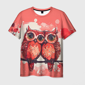 Мужская футболка 3D с принтом Влюбленные  совушки в Екатеринбурге, 100% полиэфир | прямой крой, круглый вырез горловины, длина до линии бедер | Тематика изображения на принте: 