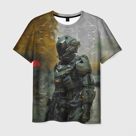 Мужская футболка 3D с принтом Бронированный солдат в Санкт-Петербурге, 100% полиэфир | прямой крой, круглый вырез горловины, длина до линии бедер | 