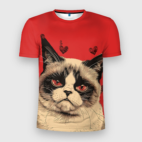 Мужская футболка 3D Slim с принтом Недовольный кот антивалентин в Курске, 100% полиэстер с улучшенными характеристиками | приталенный силуэт, круглая горловина, широкие плечи, сужается к линии бедра | Тематика изображения на принте: 