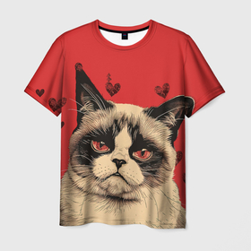 Мужская футболка 3D с принтом Недовольный кот антивалентин в Курске, 100% полиэфир | прямой крой, круглый вырез горловины, длина до линии бедер | 
