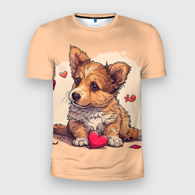 Мужская футболка 3D Slim с принтом Влюбленная собачка с сердечками в Санкт-Петербурге, 100% полиэстер с улучшенными характеристиками | приталенный силуэт, круглая горловина, широкие плечи, сужается к линии бедра | 