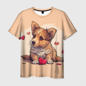 Мужская футболка 3D с принтом Влюбленная собачка с сердечками , 100% полиэфир | прямой крой, круглый вырез горловины, длина до линии бедер | 