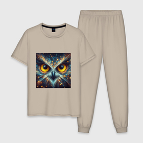 Мужская пижама хлопок с принтом Портрет космической совы в Кировске, 100% хлопок | брюки и футболка прямого кроя, без карманов, на брюках мягкая резинка на поясе и по низу штанин
 | 