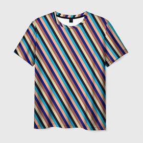 Мужская футболка 3D с принтом Сине коричневый полосатый в Кировске, 100% полиэфир | прямой крой, круглый вырез горловины, длина до линии бедер | 