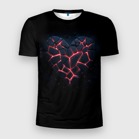 Мужская футболка 3D Slim с принтом Разбитое сердце из камня и неона в Белгороде, 100% полиэстер с улучшенными характеристиками | приталенный силуэт, круглая горловина, широкие плечи, сужается к линии бедра | 