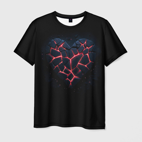 Мужская футболка 3D с принтом Разбитое сердце из камня и неона в Белгороде, 100% полиэфир | прямой крой, круглый вырез горловины, длина до линии бедер | 