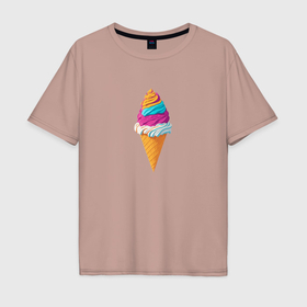 Мужская футболка хлопок Oversize с принтом Фруктовое мороженое в рожке в Новосибирске, 100% хлопок | свободный крой, круглый ворот, “спинка” длиннее передней части | Тематика изображения на принте: 