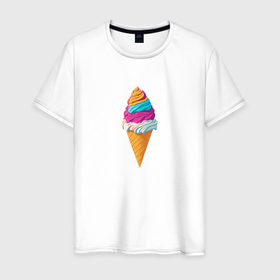 Мужская футболка хлопок с принтом Фруктовое мороженое в рожке в Новосибирске, 100% хлопок | прямой крой, круглый вырез горловины, длина до линии бедер, слегка спущенное плечо. | Тематика изображения на принте: 
