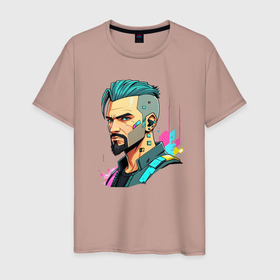 Мужская футболка хлопок с принтом Портрет мужчины с бородой Cyberpunk 2077 в Курске, 100% хлопок | прямой крой, круглый вырез горловины, длина до линии бедер, слегка спущенное плечо. | 