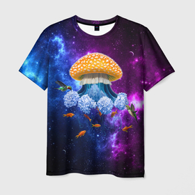 Мужская футболка 3D с принтом Space mushroom , 100% полиэфир | прямой крой, круглый вырез горловины, длина до линии бедер | 