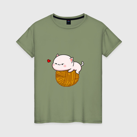 Женская футболка хлопок с принтом Котик на пряже парная , 100% хлопок | прямой крой, круглый вырез горловины, длина до линии бедер, слегка спущенное плечо | 