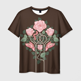 Мужская футболка 3D с принтом Розовые розы и бабочки в стиле Морриса , 100% полиэфир | прямой крой, круглый вырез горловины, длина до линии бедер | 