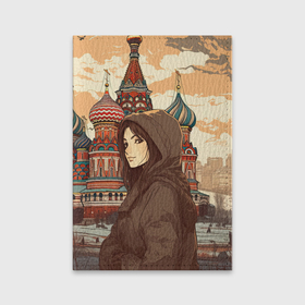 Обложка для паспорта матовая кожа с принтом Русская девушка на фоне  Москвы в Тюмени, натуральная матовая кожа | размер 19,3 х 13,7 см; прозрачные пластиковые крепления | 