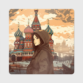Магнит виниловый Квадрат с принтом Русская девушка на фоне  Москвы в Тюмени, полимерный материал с магнитным слоем | размер 9*9 см, закругленные углы | 