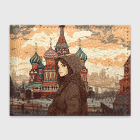 Обложка для студенческого билета с принтом Русская девушка на фоне  Москвы в Тюмени, натуральная кожа | Размер: 11*8 см; Печать на всей внешней стороне | 
