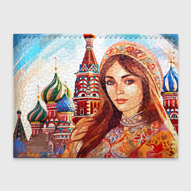 Обложка для студенческого билета с принтом Русская девушка на фоне   Москвы в Тюмени, натуральная кожа | Размер: 11*8 см; Печать на всей внешней стороне | 