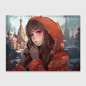 Обложка для студенческого билета с принтом Русская девушка в стиле аниме на фоне зимней Москвы , натуральная кожа | Размер: 11*8 см; Печать на всей внешней стороне | 