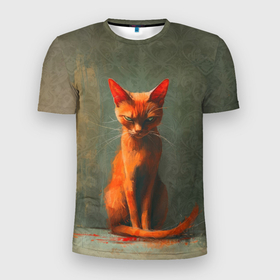 Мужская футболка 3D Slim с принтом Серьезный рыжий кот в Петрозаводске, 100% полиэстер с улучшенными характеристиками | приталенный силуэт, круглая горловина, широкие плечи, сужается к линии бедра | Тематика изображения на принте: 