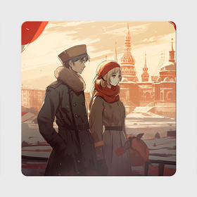 Магнит виниловый Квадрат с принтом Русские парень и девушка в стиле аниме , полимерный материал с магнитным слоем | размер 9*9 см, закругленные углы | 