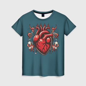 Женская футболка 3D с принтом Татуировка с красным человеческим сердцем , 100% полиэфир ( синтетическое хлопкоподобное полотно) | прямой крой, круглый вырез горловины, длина до линии бедер | 