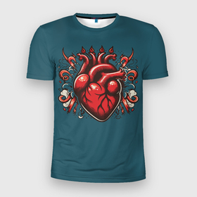 Мужская футболка 3D Slim с принтом Татуировка с красным человеческим сердцем , 100% полиэстер с улучшенными характеристиками | приталенный силуэт, круглая горловина, широкие плечи, сужается к линии бедра | Тематика изображения на принте: 