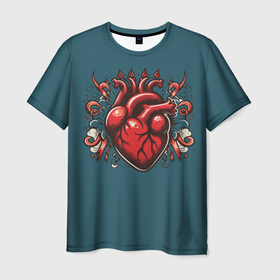 Мужская футболка 3D с принтом Татуировка с красным человеческим сердцем , 100% полиэфир | прямой крой, круглый вырез горловины, длина до линии бедер | Тематика изображения на принте: 