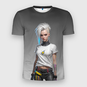 Мужская футболка 3D Slim с принтом Блондинка в белой футболке Cyberpunk 2077 в Курске, 100% полиэстер с улучшенными характеристиками | приталенный силуэт, круглая горловина, широкие плечи, сужается к линии бедра | 