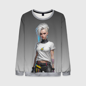 Мужской свитшот 3D с принтом Блондинка в белой футболке Cyberpunk 2077 в Курске, 100% полиэстер с мягким внутренним слоем | круглый вырез горловины, мягкая резинка на манжетах и поясе, свободная посадка по фигуре | 