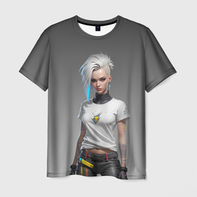 Мужская футболка 3D с принтом Блондинка в белой футболке Cyberpunk 2077 , 100% полиэфир | прямой крой, круглый вырез горловины, длина до линии бедер | 