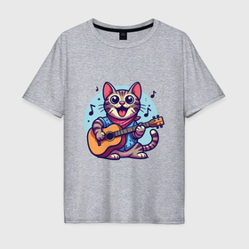 Мужская футболка хлопок Oversize с принтом Полосатый кот играет на гитаре в Санкт-Петербурге, 100% хлопок | свободный крой, круглый ворот, “спинка” длиннее передней части | 