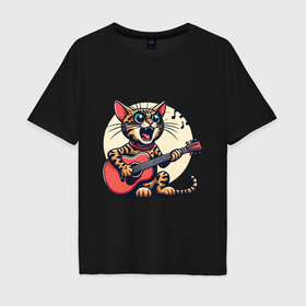 Мужская футболка хлопок Oversize с принтом Забавный полосатый кот играет на гитаре в Санкт-Петербурге, 100% хлопок | свободный крой, круглый ворот, “спинка” длиннее передней части | 