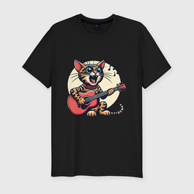 Мужская футболка хлопок Slim с принтом Забавный полосатый кот играет на гитаре в Новосибирске, 92% хлопок, 8% лайкра | приталенный силуэт, круглый вырез ворота, длина до линии бедра, короткий рукав | 