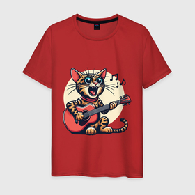 Мужская футболка хлопок с принтом Забавный полосатый кот играет на гитаре в Санкт-Петербурге, 100% хлопок | прямой крой, круглый вырез горловины, длина до линии бедер, слегка спущенное плечо. | 