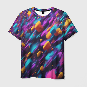 Мужская футболка 3D с принтом Полёт цветных частиц   нейросеть , 100% полиэфир | прямой крой, круглый вырез горловины, длина до линии бедер | 