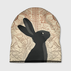 Шапка 3D с принтом Чёрный кролик с узорами в Курске, 100% полиэстер | универсальный размер, печать по всей поверхности изделия | 