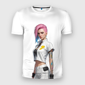 Мужская футболка 3D Slim с принтом Девушка в белом Cyberpunk 2077 в Курске, 100% полиэстер с улучшенными характеристиками | приталенный силуэт, круглая горловина, широкие плечи, сужается к линии бедра | 