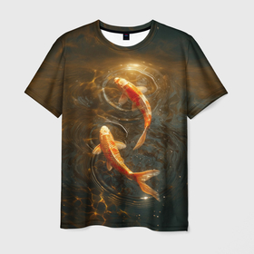 Мужская футболка 3D с принтом Карпы в озере , 100% полиэфир | прямой крой, круглый вырез горловины, длина до линии бедер | Тематика изображения на принте: 