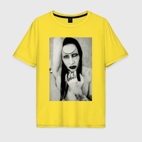 Мужская футболка хлопок Oversize с принтом Marilyn Manson black and white в Екатеринбурге, 100% хлопок | свободный крой, круглый ворот, “спинка” длиннее передней части | Тематика изображения на принте: 