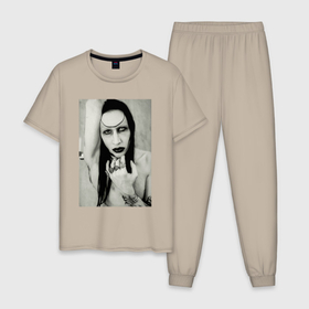 Мужская пижама хлопок с принтом Marilyn Manson black and white в Новосибирске, 100% хлопок | брюки и футболка прямого кроя, без карманов, на брюках мягкая резинка на поясе и по низу штанин
 | Тематика изображения на принте: 