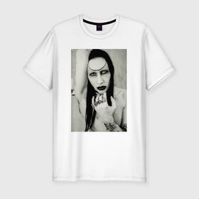 Мужская футболка хлопок Slim с принтом Marilyn Manson black and white в Екатеринбурге, 92% хлопок, 8% лайкра | приталенный силуэт, круглый вырез ворота, длина до линии бедра, короткий рукав | Тематика изображения на принте: 