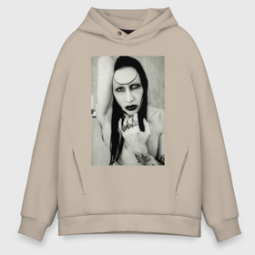 Мужское худи Oversize хлопок с принтом Marilyn Manson black and white в Екатеринбурге, френч-терри — 70% хлопок, 30% полиэстер. Мягкий теплый начес внутри —100% хлопок | боковые карманы, эластичные манжеты и нижняя кромка, капюшон на магнитной кнопке | Тематика изображения на принте: 